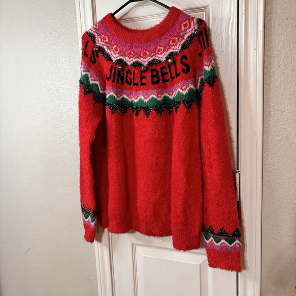 Women's Red Christmas Holiday Pullover Sweater with Jingle Bell Design Large - Picture 3 of 8